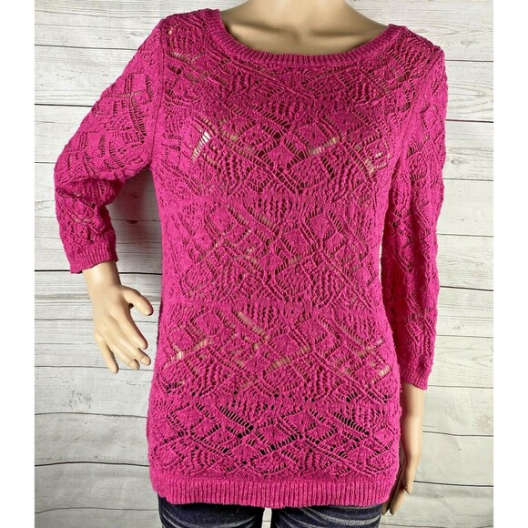 LC Lauren Conrad Sweater Medium Bright Pink Crochet Lace Front Tie Back Knit Top - Picture 1 of 12